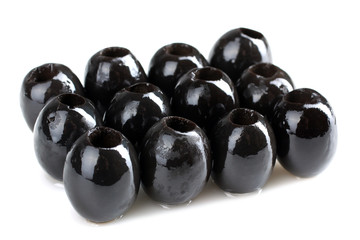 a bunch of delicious and healthy olives, without bones exposed in row on white isolated background