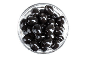 a bunch of delicious and healthy olives without stone in glass bowl on white isolated background