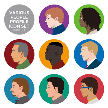 various races men profile icon set, face as seen from the side, avatar icons, vector illustration