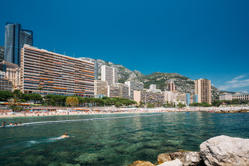 Scenic view of beach of city of Monte Carlo, Monaco. Sunny summe