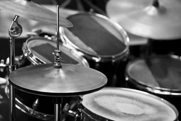 Detail of a drum kit in black and white 