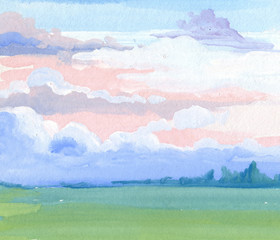 Obraz na płótnie Canvas Morning landscape. Drawing hands. Watercolor, gouache