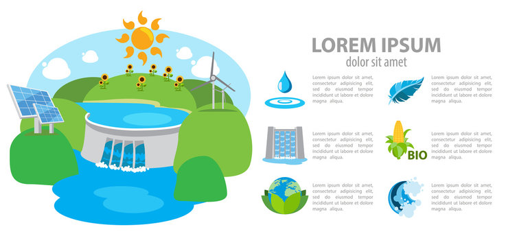Isometric hydroelectric power station, dam, infographics