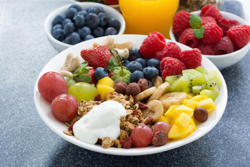foods for a healthy breakfast - fresh berries, fruits, nuts 