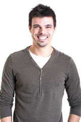 Young man smiling on white background