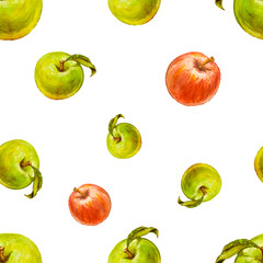 Watercolor seamless pattern with red and green apples. Hand drawn design. Vector summer fruit illustration.