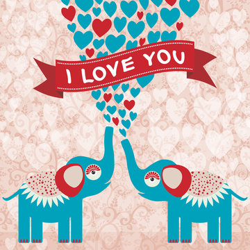 Two cute enamored elephants in love. Valentine's day card, greeting card