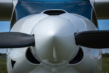 Front view of a small airplane close-up