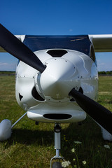 Front view of a small airplane close-up