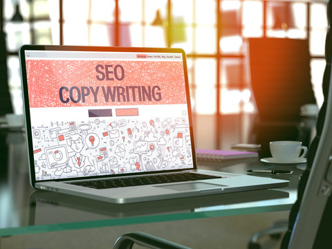 SEO Copywriting Concept. Closeup Landing Page on Laptop Screen in Doodle Design Style. On Background of Comfortable Working Place. Blurred, Toned Image. 3D Render.