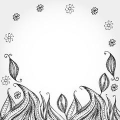 Decorative Hand dravn flowers Sketch Doodle black lines on a white background.