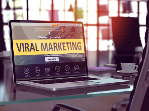 Viral Marketing Concept. Closeup Landing Page on Laptop Screen  on background of Comfortable Working Place in Modern Office. Blurred, Toned Image. 3D Render.