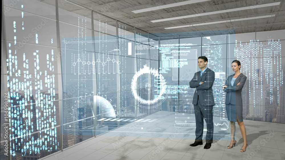 Poster animation of business people looking at tech interface