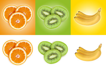 Set of fruits on color and white backgrounds. Orange, kiwi, bana