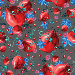 Pattern pomegranate fruit, leaves, tropical flowers in watercolor