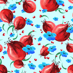 Pattern pomegranate fruit, leaves, tropical flowers in watercolor
