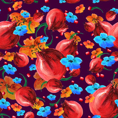 Obraz na płótnie Canvas Pattern pomegranate fruit, leaves, tropical flowers in watercolor