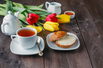breakfast, morning. Red tulip cup of tea