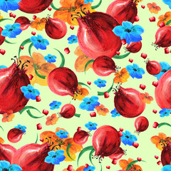 Pattern pomegranate fruit, leaves, tropical flowers in watercolor