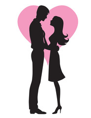 couple of young people hugging on heart background, vector illustration, Valentine's day