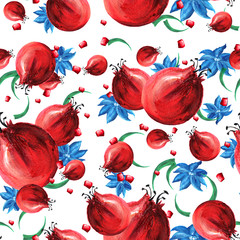 Pattern pomegranate fruit, leaves, tropical flowers in watercolor