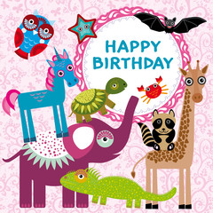 Funny animals party card design on a pink floral background.