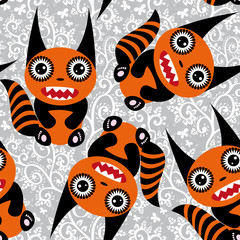 Cute tsartoon orange monster with a striped tail seamless pattern