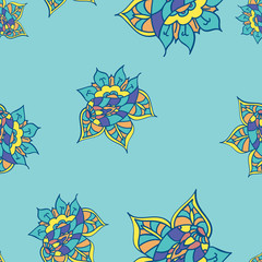 Texture with hand drawn abstract doodle. Yellow background. Vector seamless pattern. Summer template. Ethnic backdrop. Colorful floral elements. Indian paisley flowers. For wallpaper, fabric, wrapping