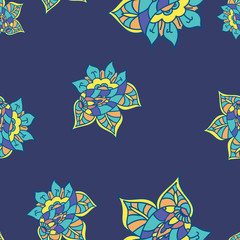 Fototapeta na wymiar Texture with hand drawn abstract doodle. Blue background. Vector seamless pattern. Summer template. Ethnic backdrop. Colorful floral elements. Indian paisley flowers. For wallpaper, fabric, wrapping.