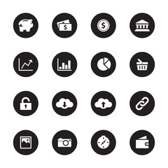 white flat finance and technology icon set on black circle for web design, user interface (UI), infographic and mobile application (apps)