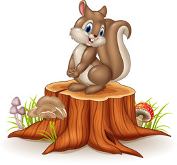 Cartoon funny squirrel on tree stump
