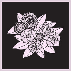 Beautiful doodle art flowers. Zentangle pattern. Hand drawn herbal design element. Floral black and purple illustration. Isolated lace ornament on black background. Decorative
vector artwork. 