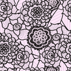 Lace seamless pattern with abstract elements. Vector floral background. Hand Drawn Texture. Decorative Flowers drawing. Doodle artwork. Black and purple Zentagle illustration.Bohemian summer ornament.