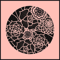 Circle background. Ornamental decorative drawing. Vector artwork. Black and pink illustration. Summer flower ornament. Round lace design. Floral mandala. Hand drawn Zentangle. Doodle element.  
