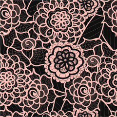 Lace seamless pattern with abstract elements. Vector floral background. Hand Drawn Texture. Decorative Flowers drawing. Doodle artwork. Black and pink Zentagle illustration.Bohemian summer ornament.