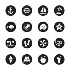 white flat beach and summer icon set on black circle for web design, user interface (UI), infographic and mobile application (apps)