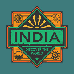 Stamp or vintage emblem with text India, Discover the World