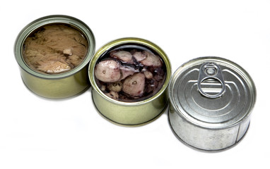 Tins of different sizes, tuna in oil, octopus in vegetable oil a
