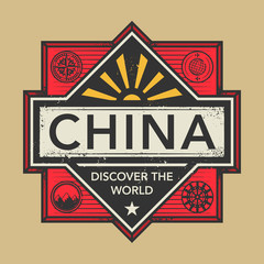 Stamp or vintage emblem with text China, Discover the World