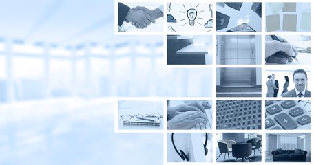Composite image of closeup of shaking hands over eye glasses