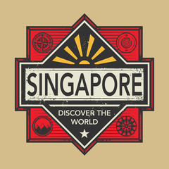 Stamp or vintage emblem with text Singapore, Discover the World