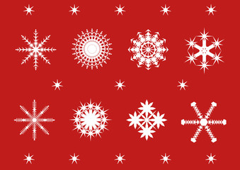 set of festive snowflakes on a red background