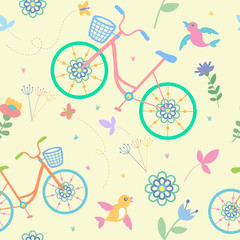 Cute colorful beautiful bicycles seamless pattern with flowers and birds and decorative wheels 