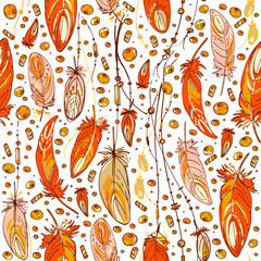 Pattern feathers and beads. Native american indian dream catcher, traditional symbol. Feathers and beads on color background. Vector decorative elements hippie.