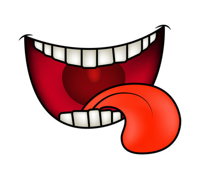 Cartoon smile, mouth, lips with teeth and tongue. vector illustration isolated on white background