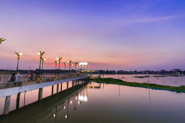 Fototapeta na wymiar Thai pier in evening at Chaophraya river, Wat ku,Pakkret,Thailan