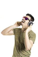 cheerful young man with headphones.