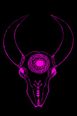 Purple hand drawn skull with horns in boho style, black backgrou