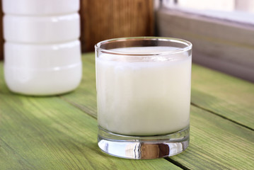 Milk yogurt in a glass and white bottle