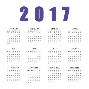 Calendar for 2017 on white background.